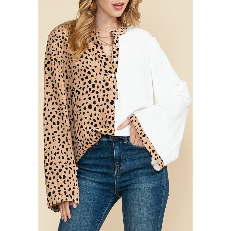 Autumn New Color Contrast Long-Sleeved Shirt Women Thin Personality Leopard Print Shirt