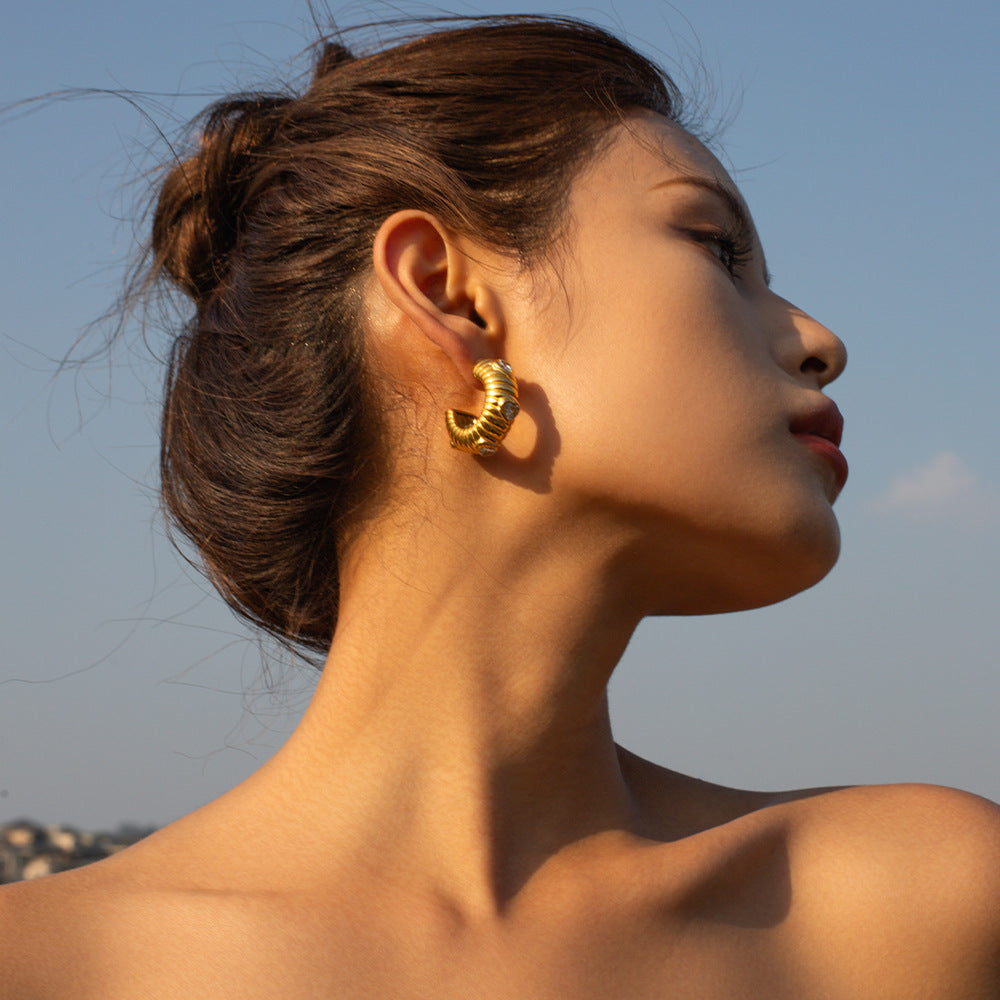 5pcs 8K Gold Stainless Steel Zircon Inlaid White Zircon Bread C-Shaped Earrings Temperament Earrings For Women
