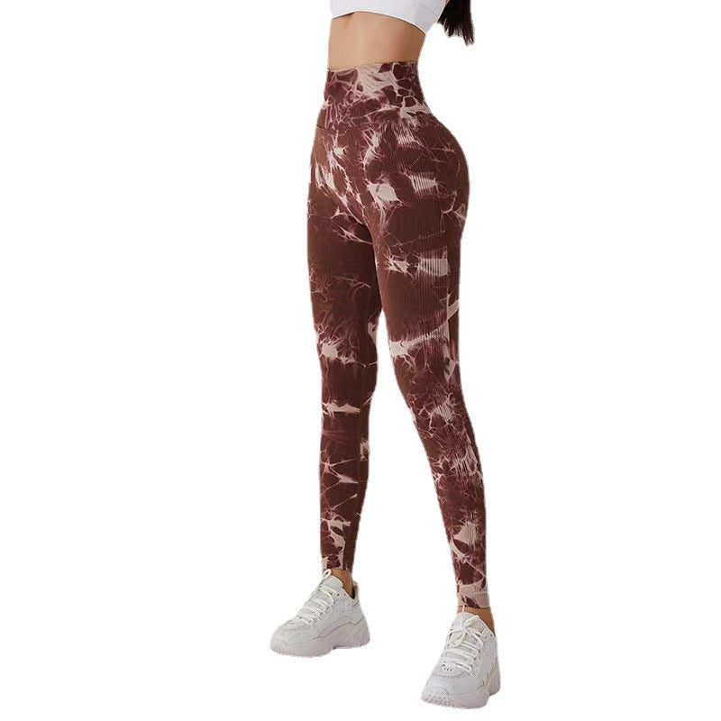 New Seamless Tie Bleached Peach Butt Yoga Pants High Waist Belly Belly Fitness Pants Women Tie Dye Running Tight