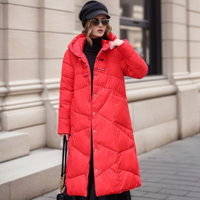 Literary And Retro Ethnic Style Button Down Jacket Women's Mid-Length Over The Knee Thick Loose Large Size Hooded Coat