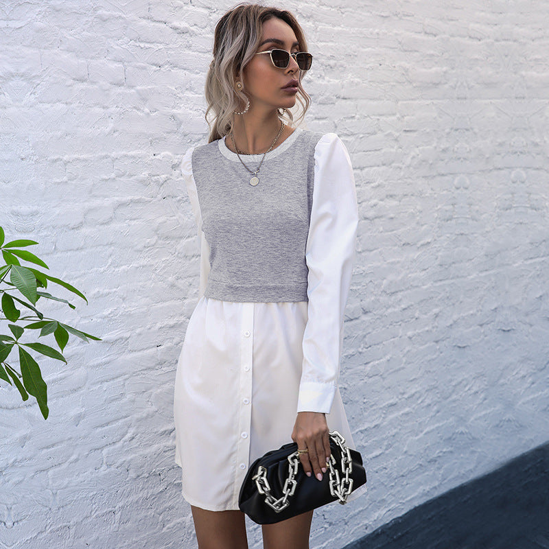 New Fashion Women's Long-Sleeved Patchwork Shirt Dress Autumn And Winter