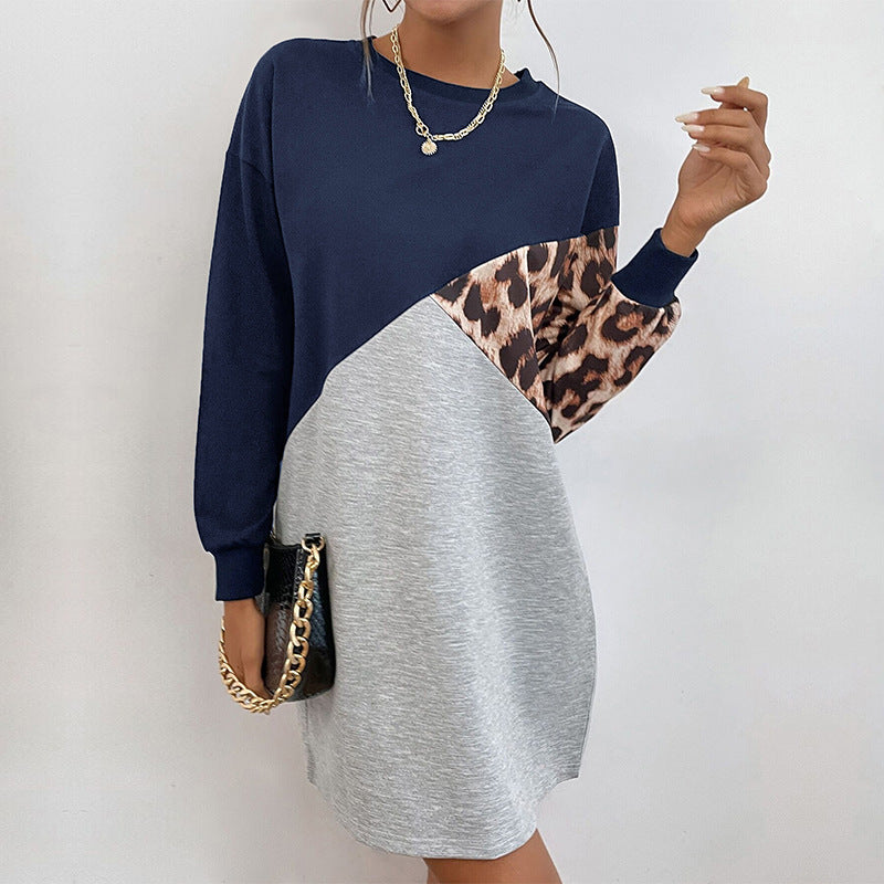New Autumn New Fashion Women Long-Sleeved Leopard Hoodie Dress