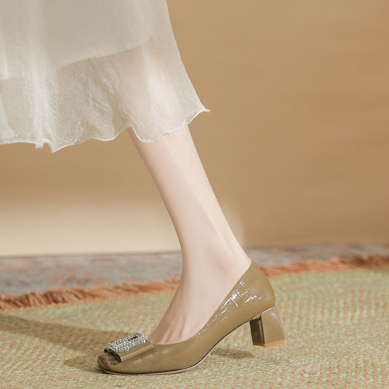 High Heels Women's Autumn New Light Mouth Pattern Patent Leather With Women's Shoes Square Toe Thick Heel Shoes