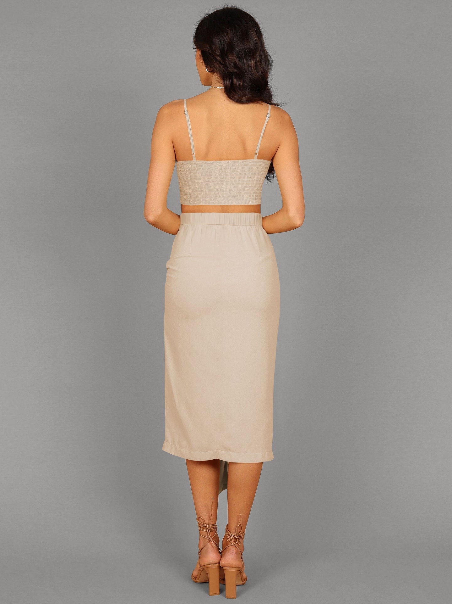 Elegant Two-Piece Solid Color Halter Top Sexy Split Skirt Fashion Suit For Women