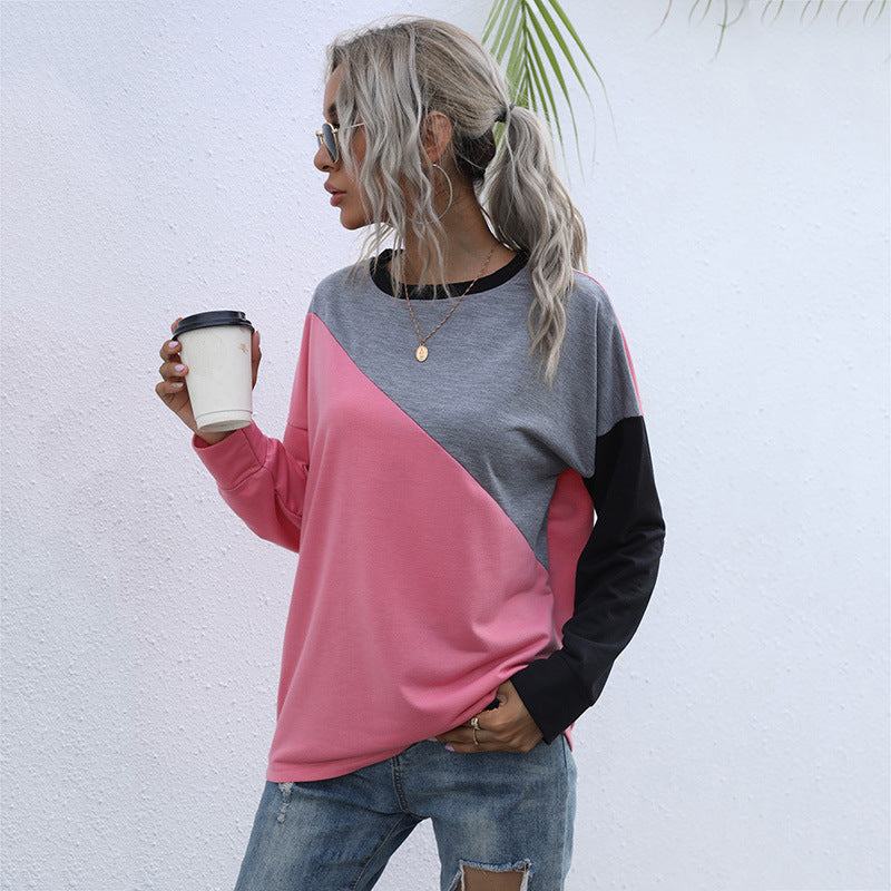 Early Autumn Loose Pink Patchwork Round Neck Long Sleeve Hoodie Woman