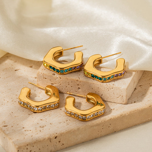 5pcs New Titanium Steel Earrings 18K Gold Stainless Steel Full White Zirconium C-Shaped Earrings Fashion Accessories