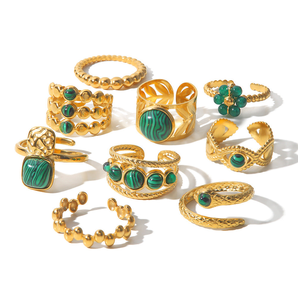 5pcs Light Luxury Temperament High-Grade Sense 18K Gold Green Natural Stone Open Ring Female Cold Retro Ring