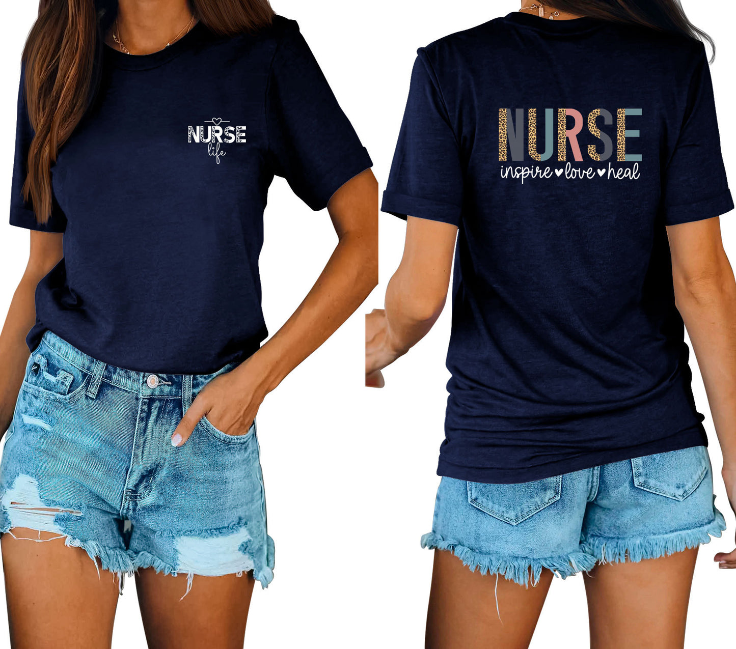 Casual Chic With Front And Rear Print Nurse Inspire Loose Crew Neck Short Sleeves