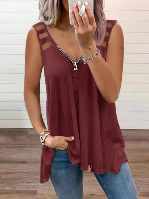 New Sexy V-Neck Zip-Up Sleeveless Vest Solid Color T-Shirt Woman