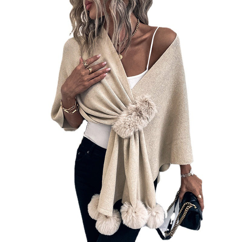 Drizzle Solid Color Fur Ball Cloak Sweater For Women New Autumn And Winter New Women Shawl Knitted Cardigan