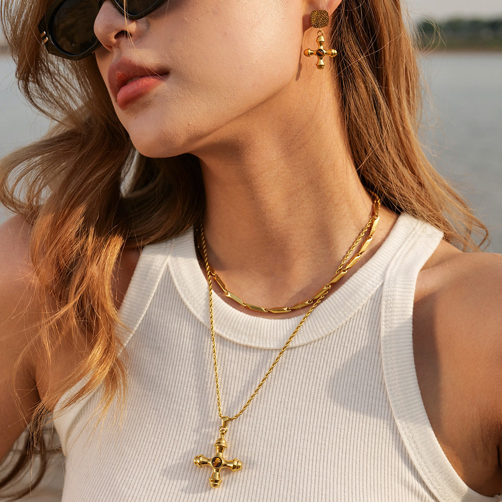 5pcs 18K Gold Stainless Steel Cross Set Tiger Eye Necklace Does Not Fade Fashion Accessories