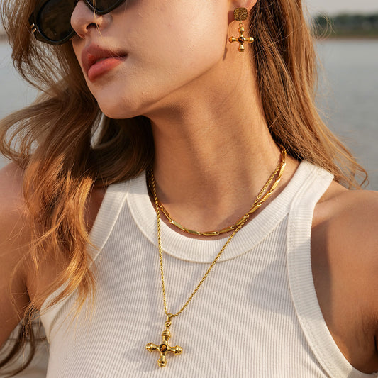 5pcs 18K Gold Stainless Steel Cross Set Tiger Eye Necklace Does Not Fade Fashion Accessories