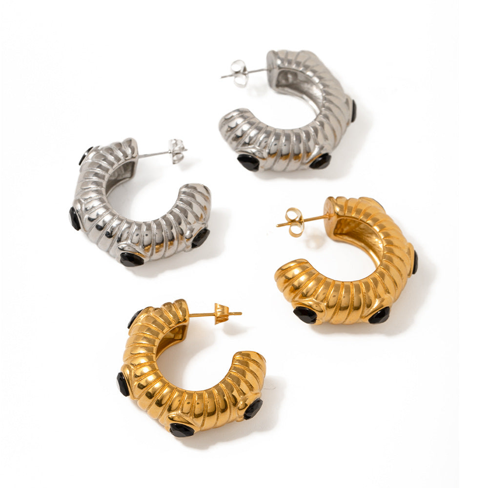 5pcs 8K Gold Stainless Steel Zircon Inlaid Black Zircon Bread C-Shaped Earrings Temperament Earrings For Women