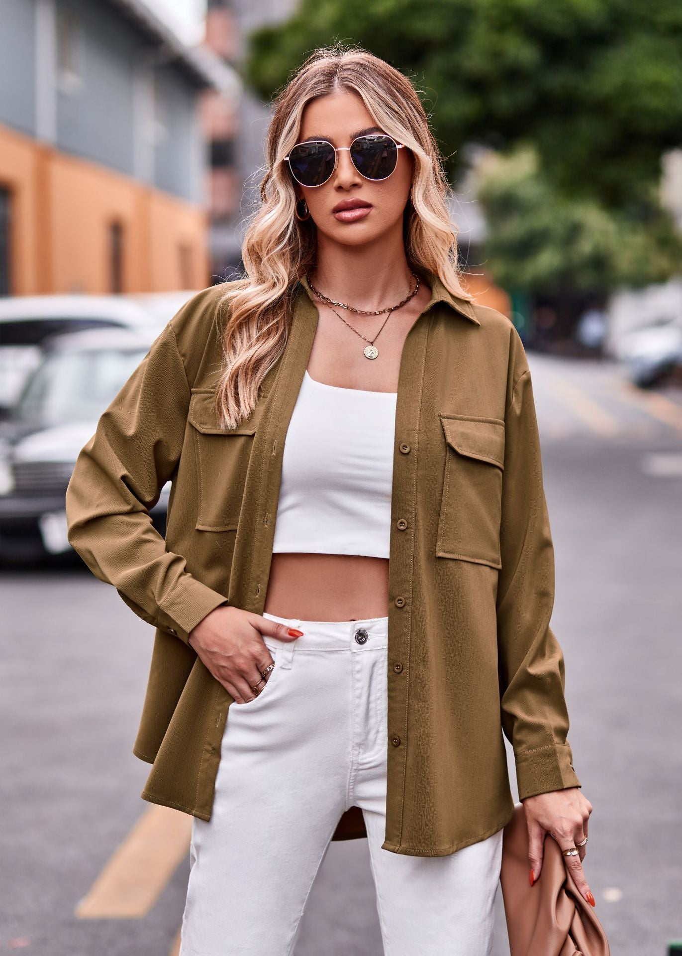Autumn And Winter New Temperament Commuter Double-Pocket Solid Color Single-Breasted Long-Sleeved Shirt