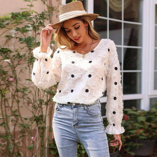 New Spring Women's Blouse Long Sleeve V-Neck Polka Dot White Shirt