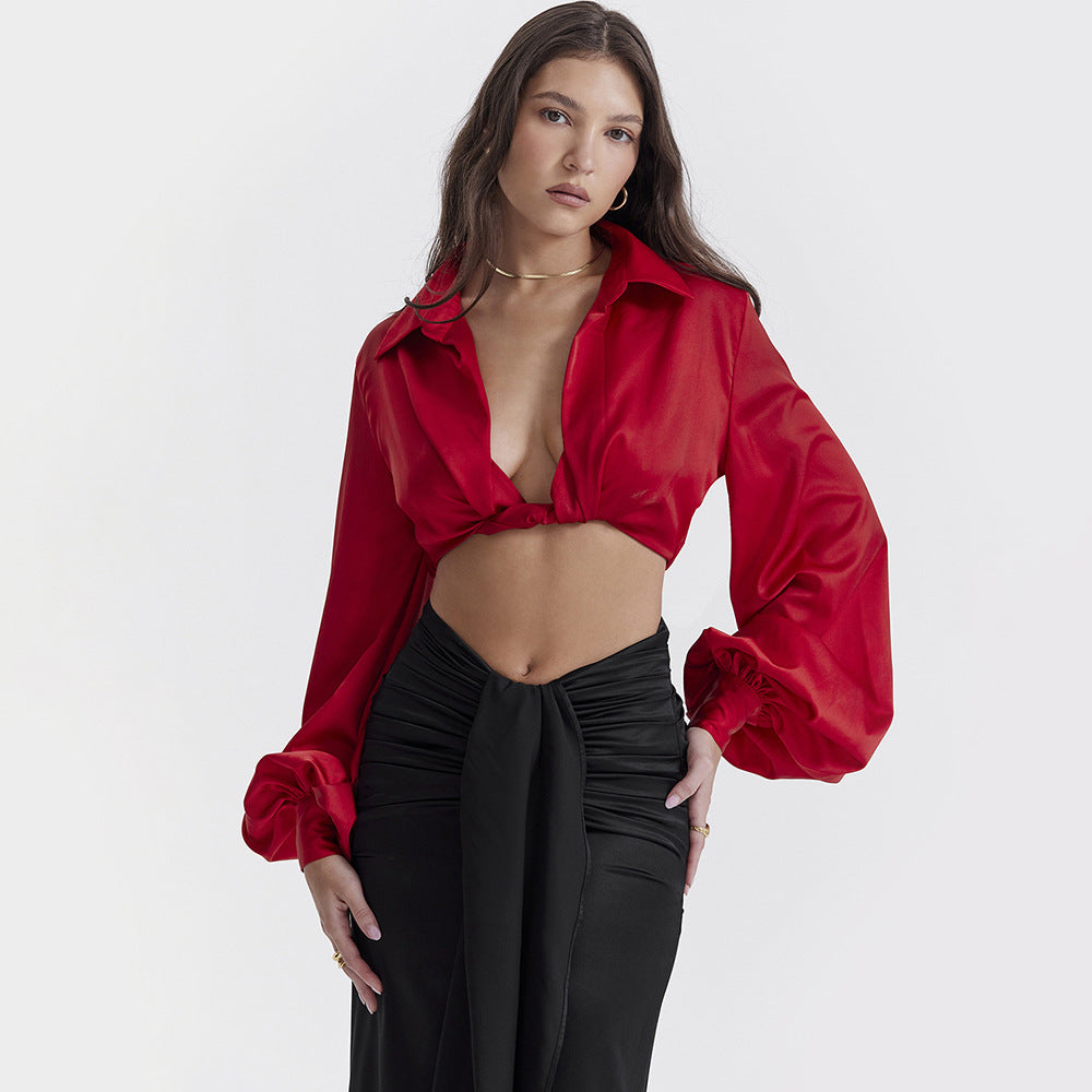 Fashion Women's Sexy Short Crop Shirt Female Lantern Long-Sleeved Loose Spice Girl Top Cardigan Female