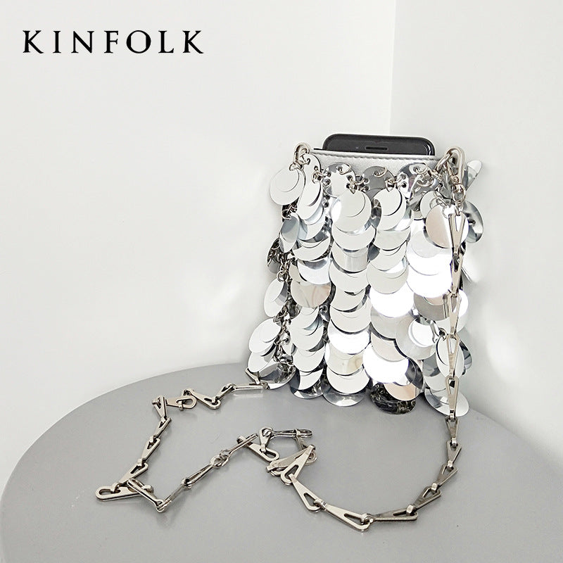 Women's Bag New  The Same Mobile Phone Bag Chain Shiny Piece Bead Bag Single Shoulder Crossbody Bag Small Bag