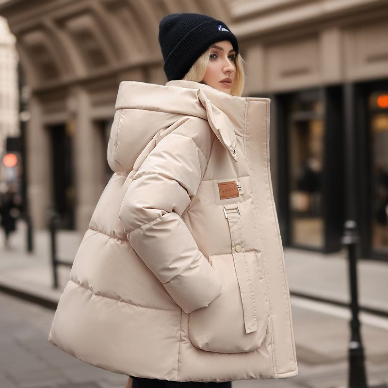 Oversize College Style Fashion Simple Korean Version Hooded Stand Collar Cotton-Padded Coat Female Autumn And Winter Niche Thickened Cotton-Padded Coat