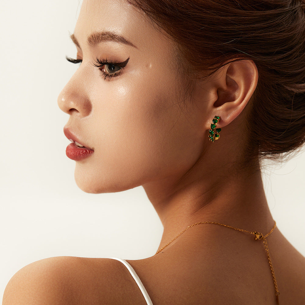 5pcs New Titanium Steel Earrings Stainless Steel Inside And Outside Inlaid/White/Green Love Zircon C-Shaped Earrings Female