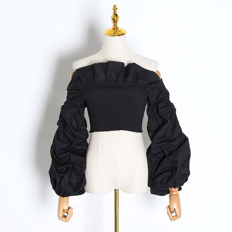 Ruffled Shirt Women's Spring Slim-Fit Solid Color All-In-One Lantern Neck Long Sleeve Slim-Fit Women's Short Shirt