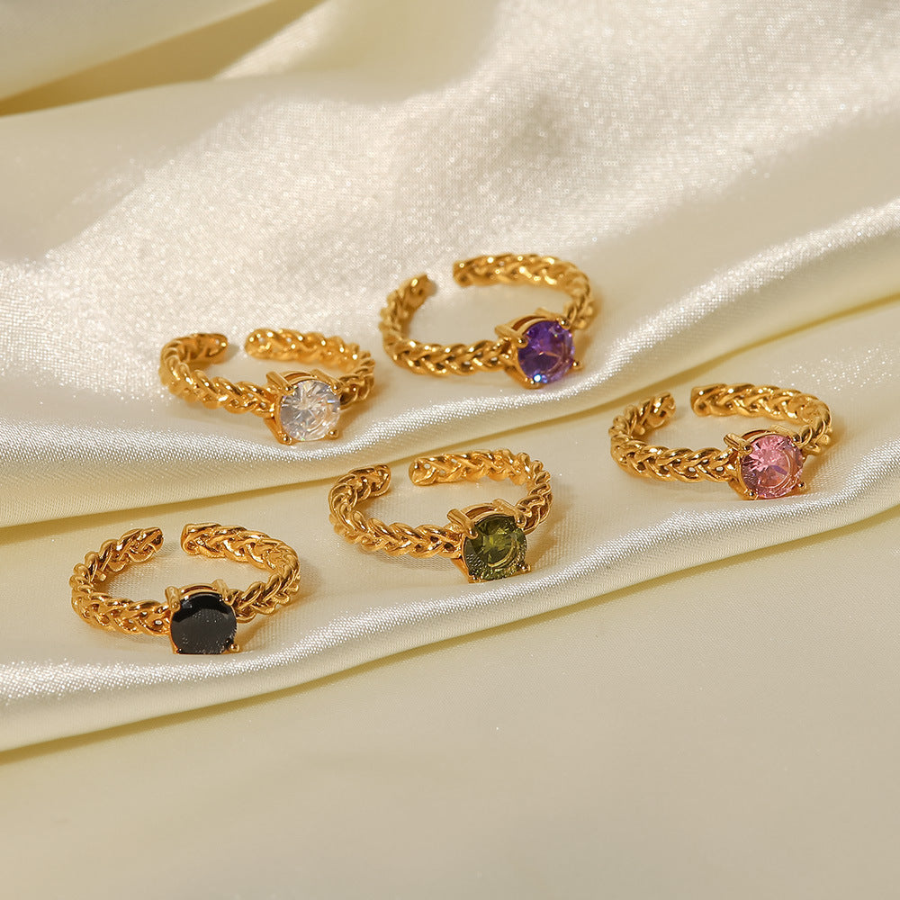 5pcs Women's Fashion All-Match Ring 18K Gold Stainless Steel Round Zircon Set Wheat Braided Adjustable Ring