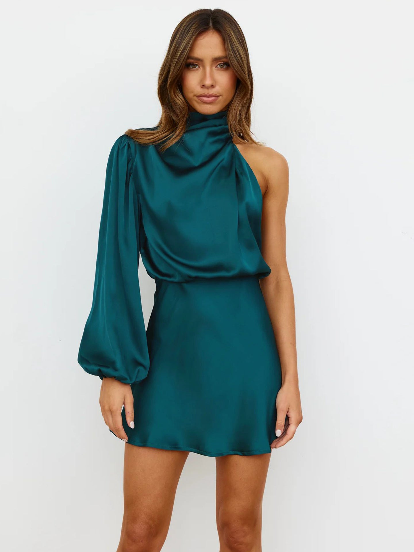 Autumn And Winter Women's Evening Dress High-Grade Satin Long-Sleeved One-Shoulder Elegant Dress