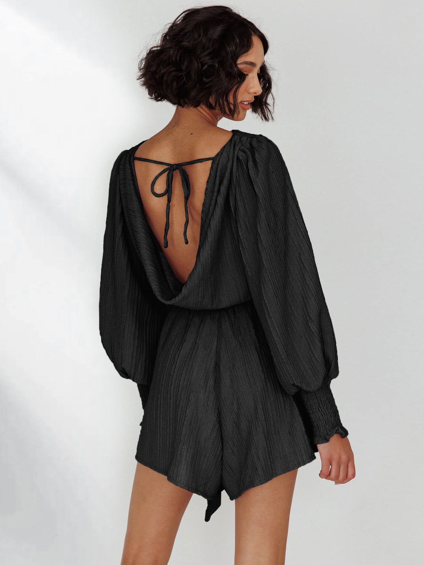 Women's Lace-Up Romper Autumn Lantern Sleeve Sexy Halter Long Sleeve Top Casual Wide Leg Pants