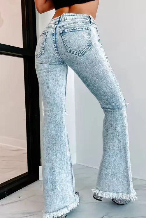 New Long Ripped Jeans Women's Bell-Bottoms Washed High-Waisted Trousers
