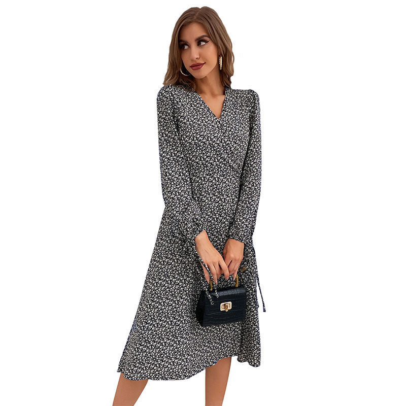 Fashion Women's Spring V-Neck Print Long-Sleeved Slit Dress