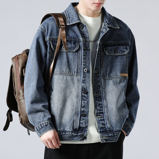 Heavy Denim Coat Male Spring And Autumn New Fashion Handsome Cargo Jacket Loose Large Size Washed Coat