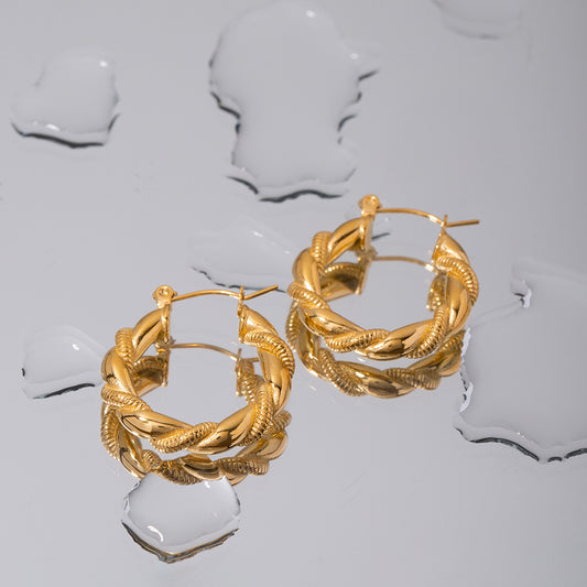 5pcs Same Earrings 18K Gold Plated Stainless Steel Bread Double Strand Twist Loop Earrings For Women