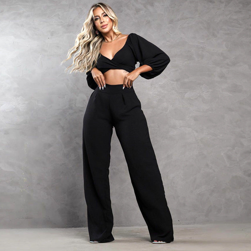 Sexy Fashion Casual Suit Solid Color Loose Spring Summer Lantern Sleeve New Trousers Two-Piece Set
