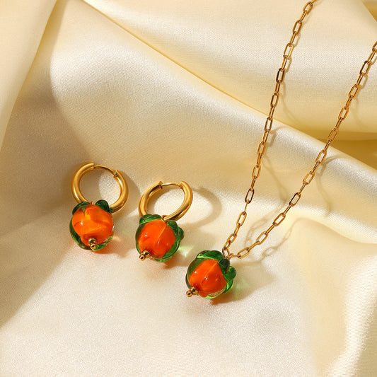 5pcs Fashion Creative Cute Glazed Pearl Persimmon Pendant Necklace Women's 18K Gold Stainless Steel Earrings Set