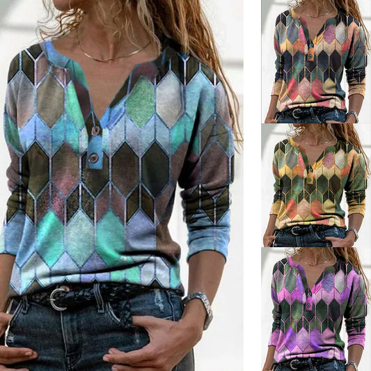 Women's Autumn And Winter New Color Contrast Printed V-Neck Long Sleeve T-Shirt Base For Women A Hair