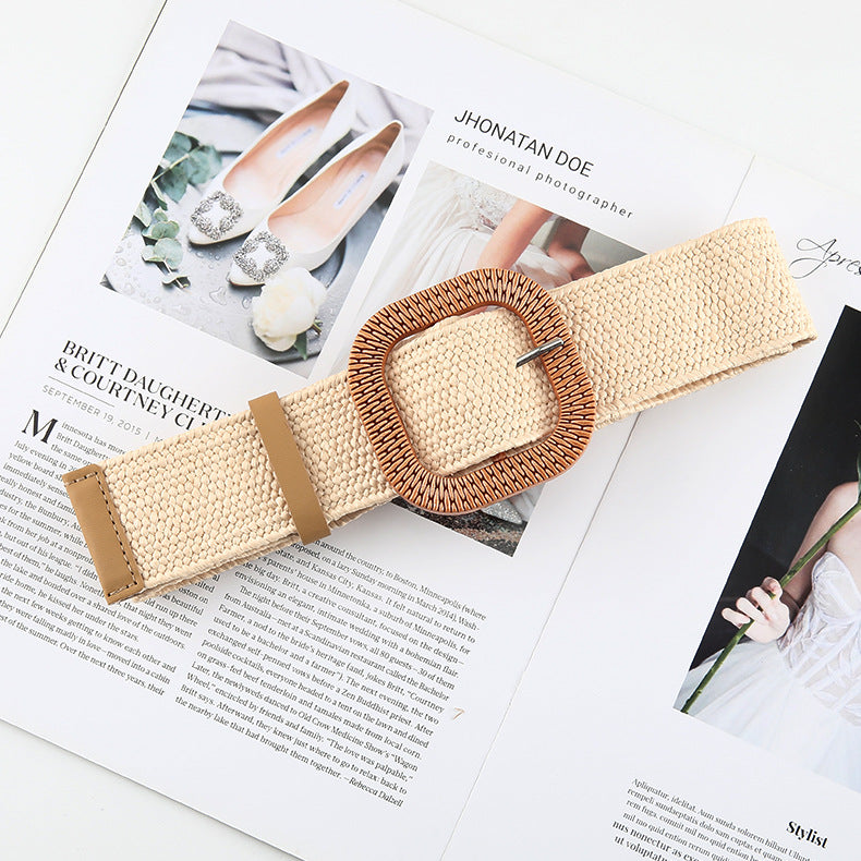 Cotton Hemp Wind Pp Grass Woven Belt For Women Round Square Buckle Dress Gown Decoration Belt