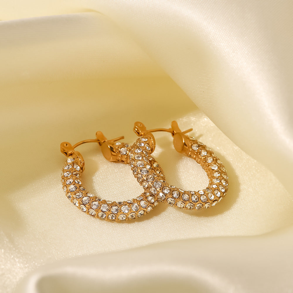 5pcs Fashion Women All Round Hoop Earrings Large Dense Inlaid White/Green Diamond Stainless Steel Earrings Jewelry