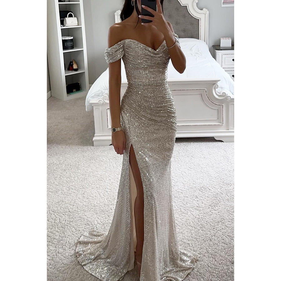 New Party Sequin One-Line Neck Slit Dress Casual Fashion Dress For Women
