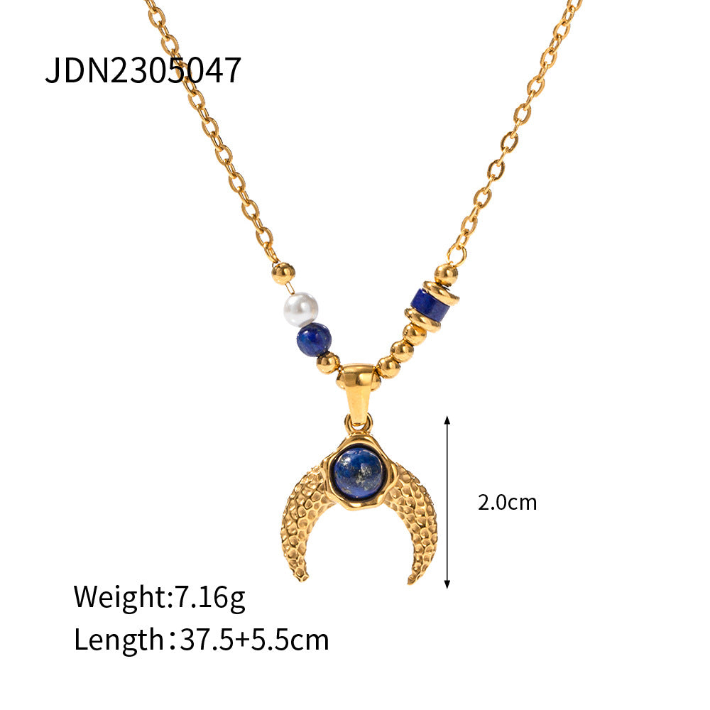 5pcs Fashion Popular 18K Stainless Steel Pearl Lapis Lazarus Horn Pendant Necklace Jewelry