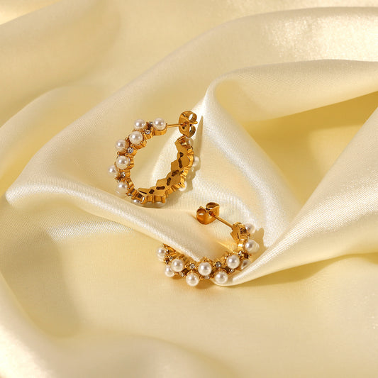 5pcs Fashion Personality Style Double Pearl Zircon Inlaid C-Shaped Earring 18K Gold Stainless Steel Ear Studs