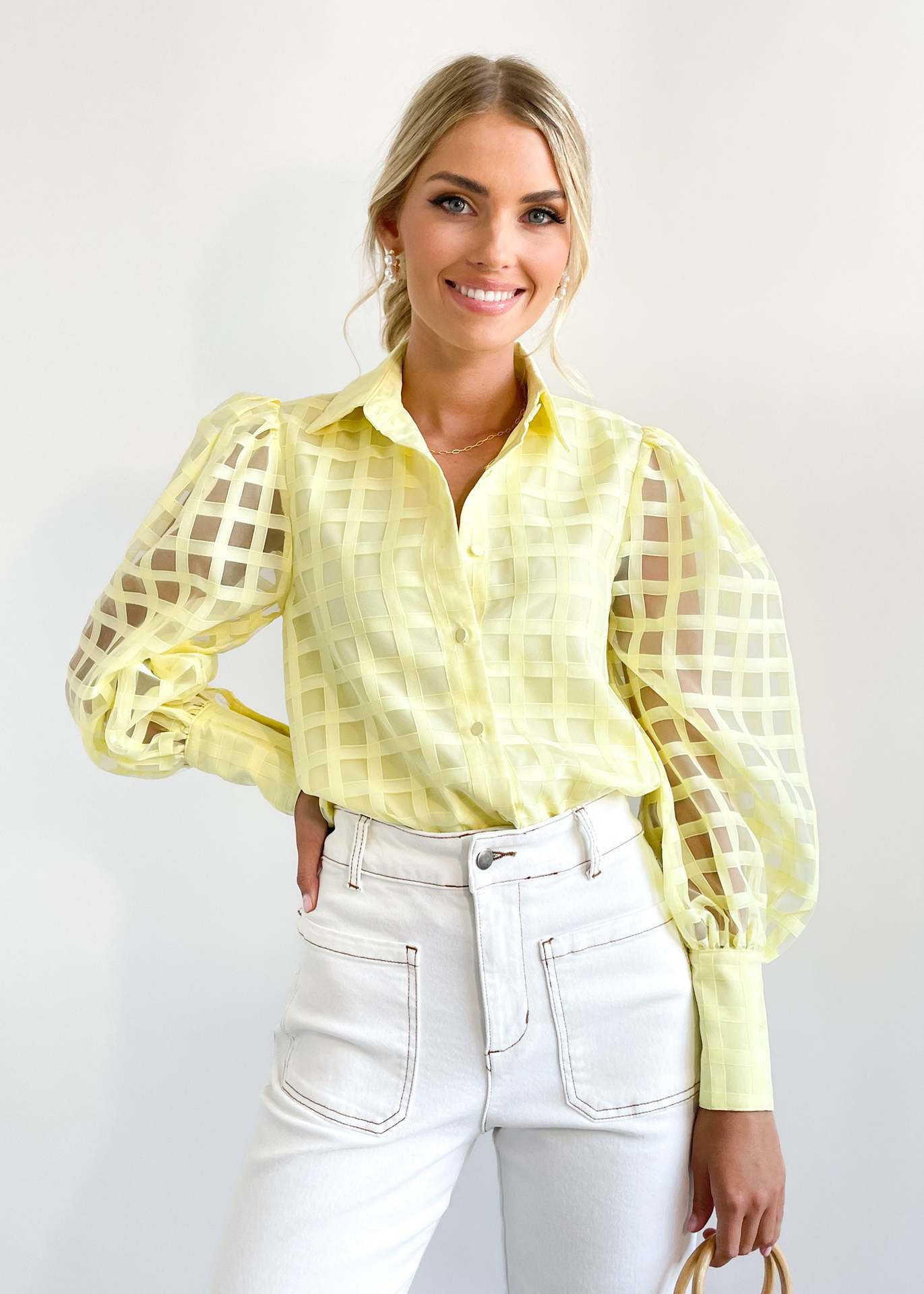 Autumn New American Women's Fashion Solid Color Transparent Lattice Advanced Sense Of Small Flying Sleeve Shirt Woman