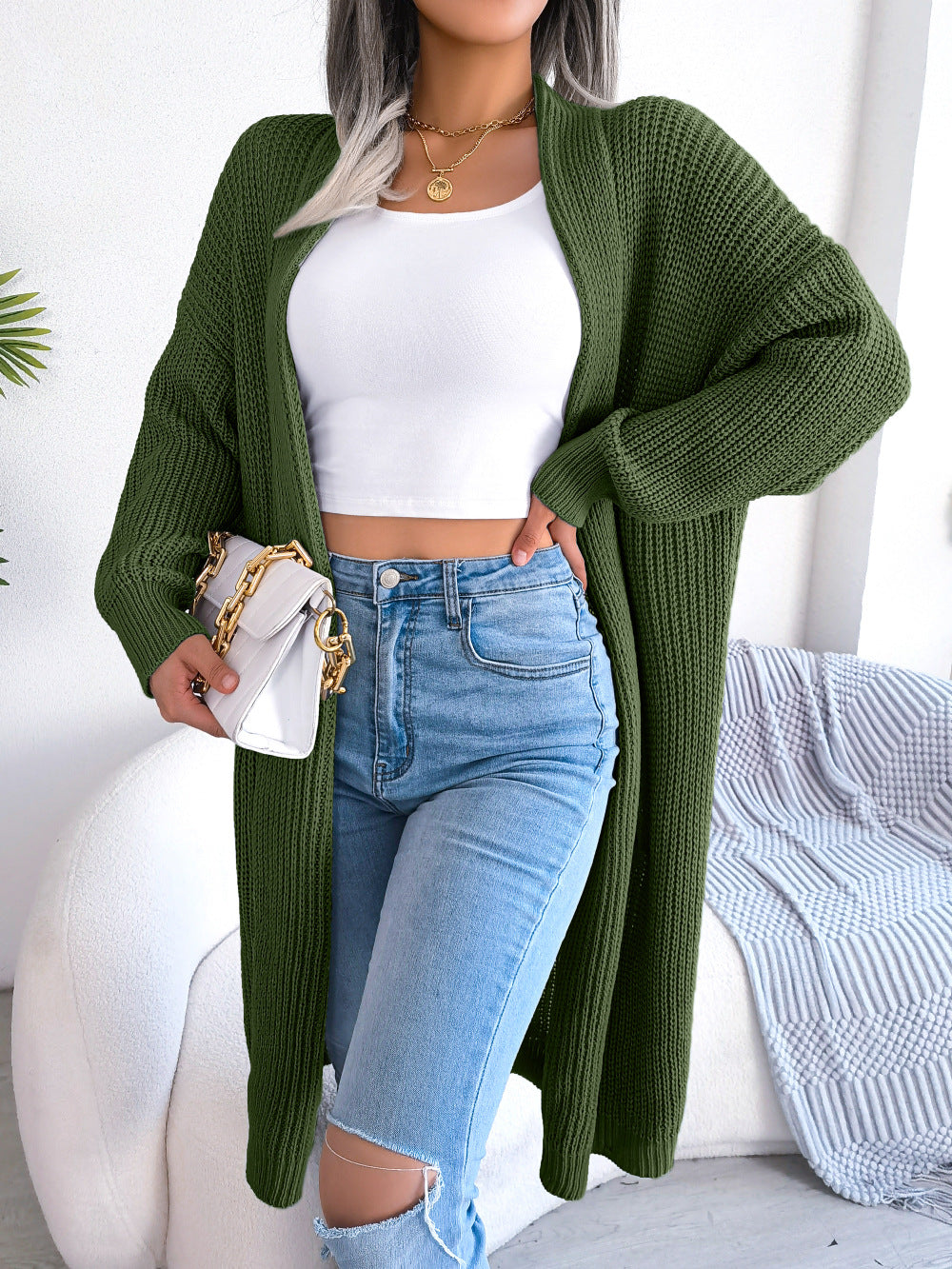 New Autumn And Winter Leisure Lapel Long Cardigan Sweater Coat  Women's Wear