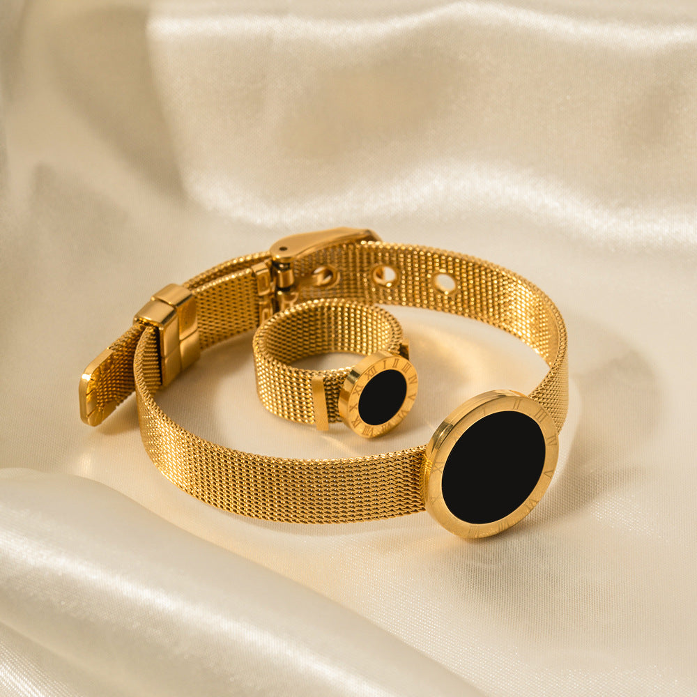 5pcs Vintage Niche Set 16K Gold Stainless Steel Black Sheet Romanesque Time Watch With Bracelet Do Not Fade Hand Jewelry