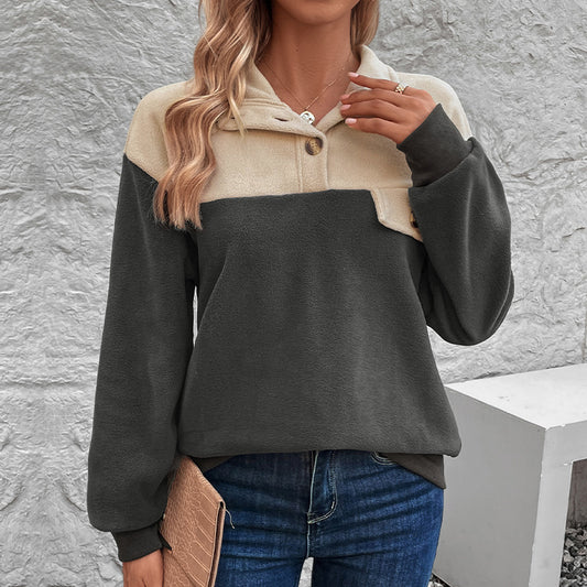 Stand Collar Pullover Coat Women's New Autumn And Winter Fleece Contrast Color Hoodie