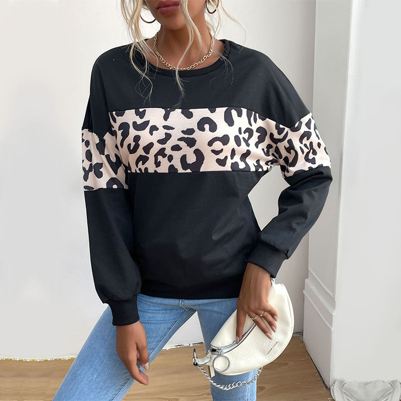 Early Autumn New  Women's Pullover Splicing Round Neck Black Leopard Print Hoodie
