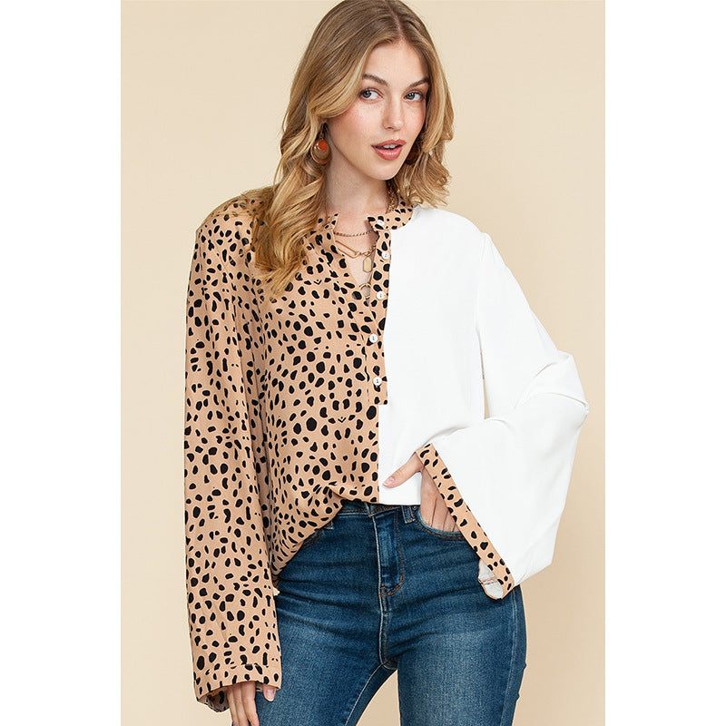 Autumn New Color Contrast Long-Sleeved Shirt Women Thin Personality Leopard Print Shirt