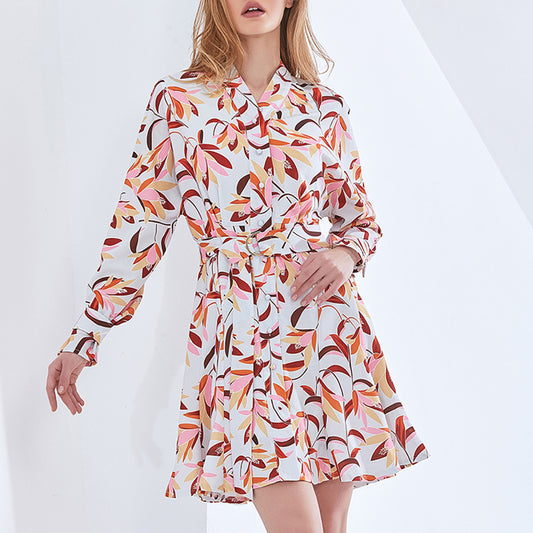 Garden Print Spring Button-Down Front Long-Sleeved Short Waistline V-Neck Dress