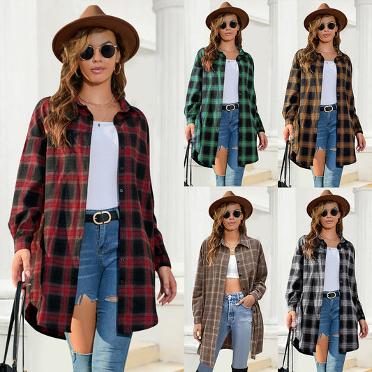 Large Size Women's Long-Sleeved Plaid Shirt Female Autumn Long Plaid Shirt American Retro Coat Female