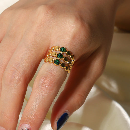 5pcs Ring 18K Gold Set Peacock Stone Ring Stainless Steel Women's Open Ring Ring Jewelry