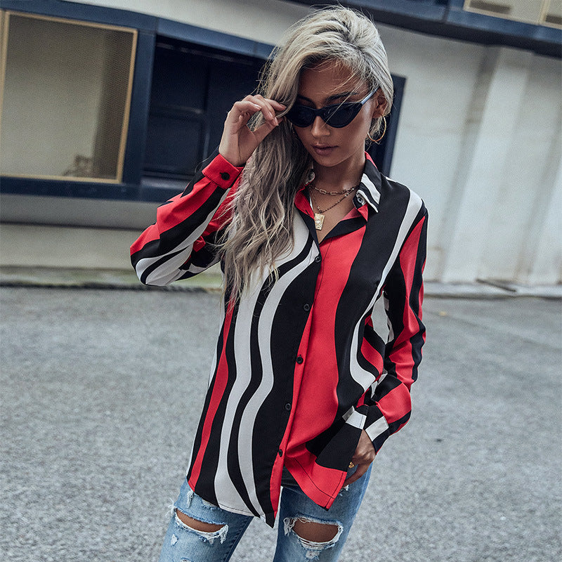 Early Autumn Fashion Women's Long-Sleeved Lapel Striped Shirt