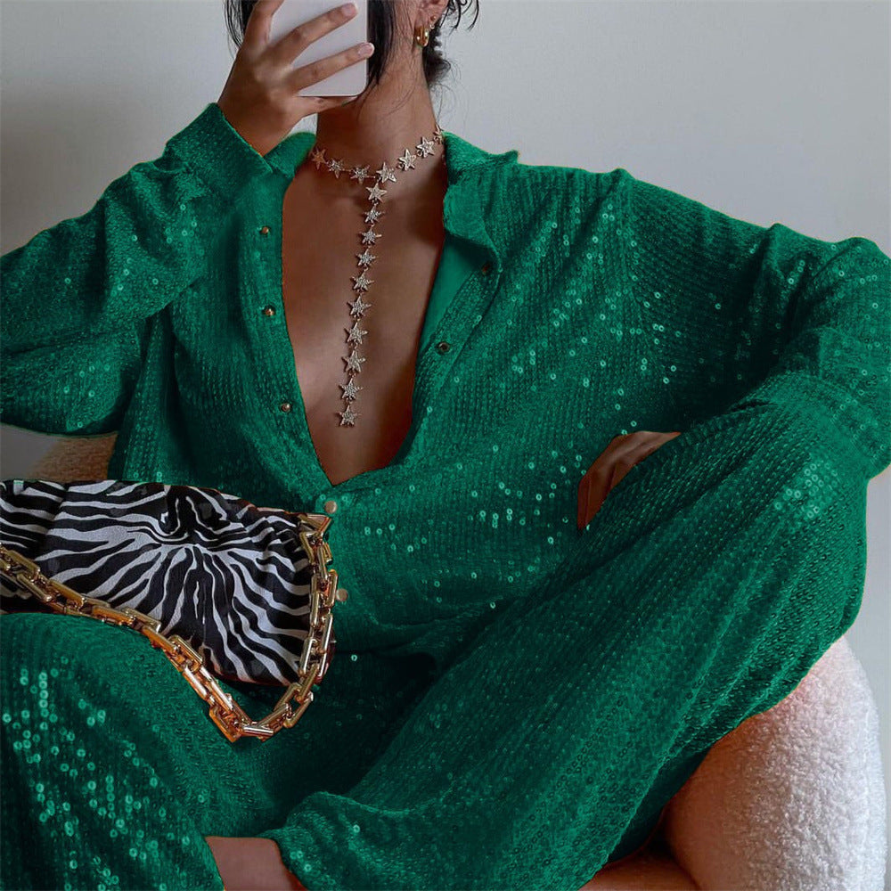 Sequin Long-Sleeved Blouse V-Neck Tank Top Straight-Leg Three-Piece Sexy Spring/Summer Y2K Party Set